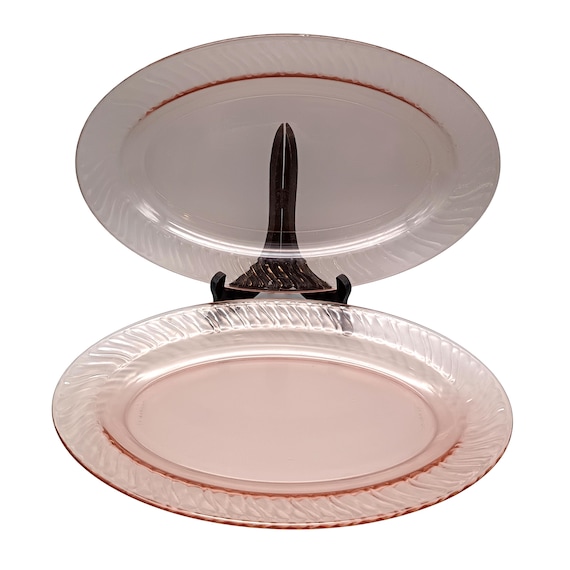 2 vintage pink glass oval DISHES, rosaline