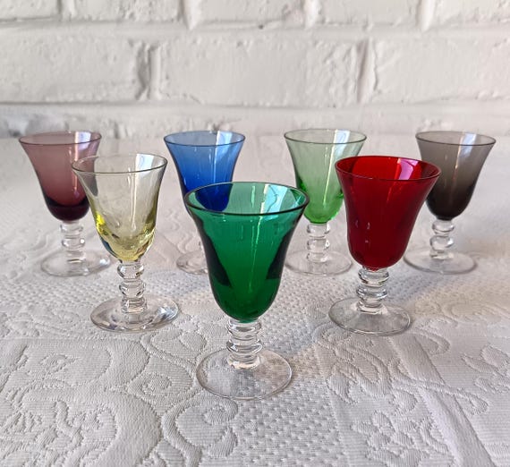 7 pretty vintage harlequin multicolored liqueur glasses