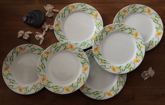 6 porcelain dessert PLATES with yellow flower pattern, vintage ceramic tableware