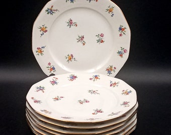 4 ou 6 ASSIETTES dessert en porcelaine motif fleurs multicolores vintage, Masset & Surget Berry France