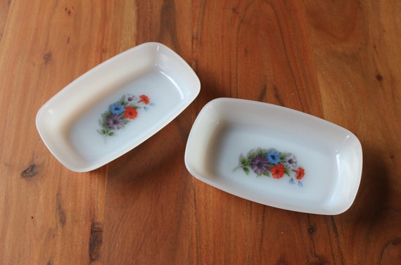 2 vintage Arcopal RAMEQUINS, France 1970, opaline butter dish with morning glories floral decoration
