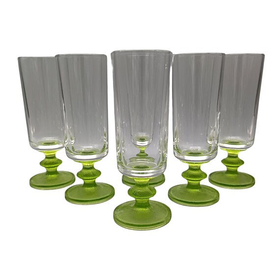 6 vintage CHAMPAGNE FLUTES with textured apple green base Vemam Italy