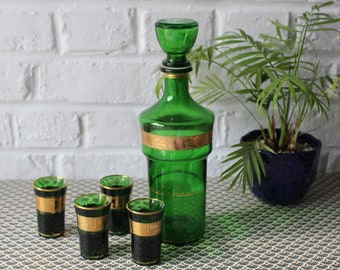 CARAFE à Liqueur et 4 VERRES vert et or, service alcool vintage