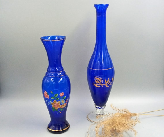 Pair of vintage transparent cobalt blue glass vases