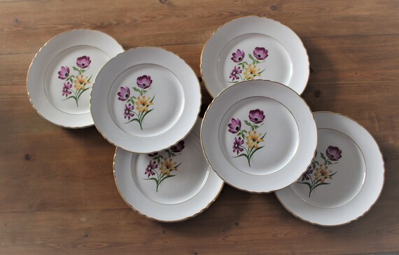 6 French earthenware flat PLATES "Orchies, Moulin des loups" flower pattern, vintage ceramic tableware