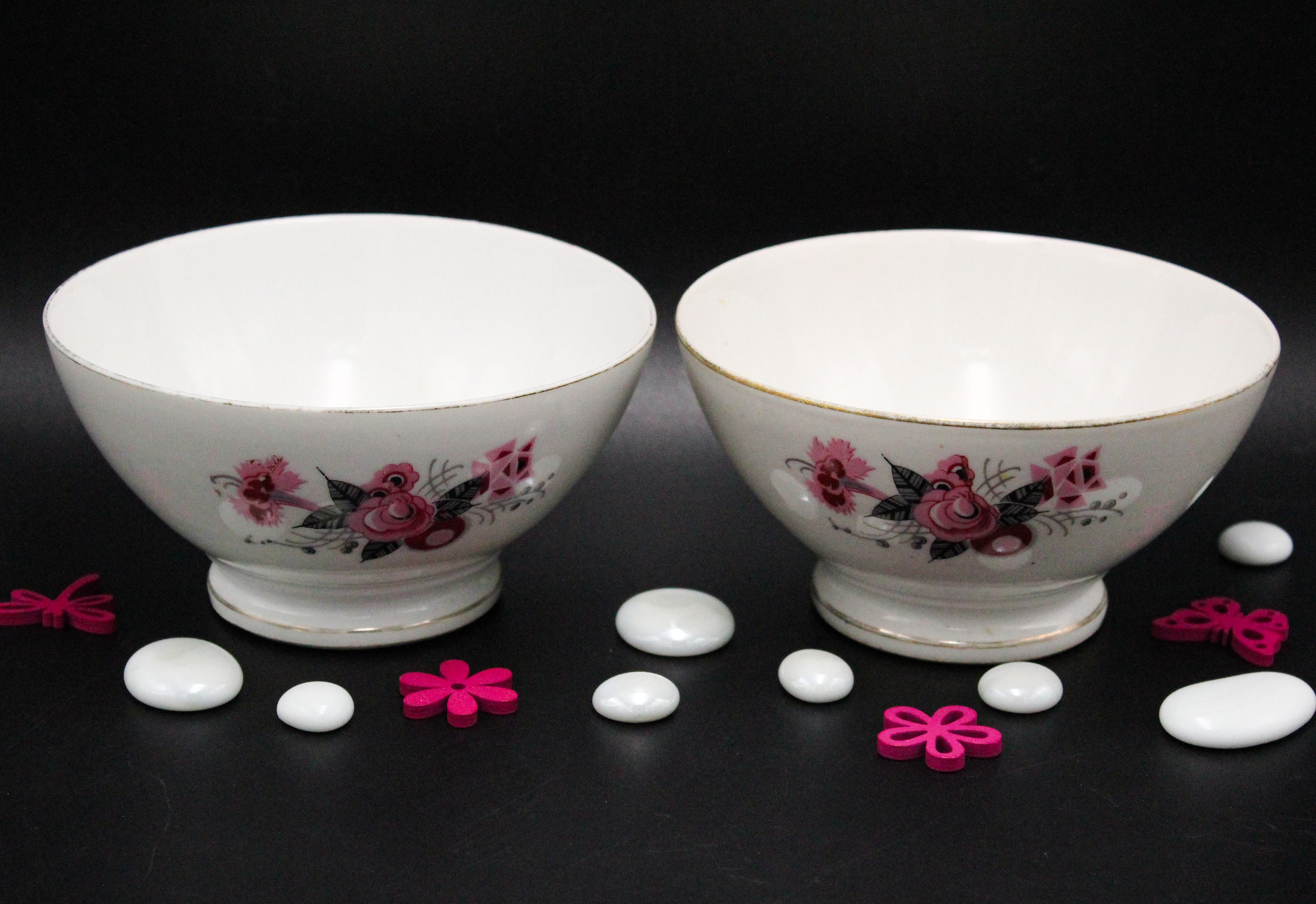 Duo Bols Porcelaine France Vintage Décor Roses Style Art Déco