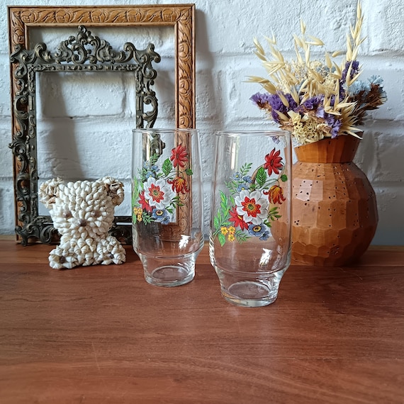 2 VERRES à eau hauts motif fleurs vintage