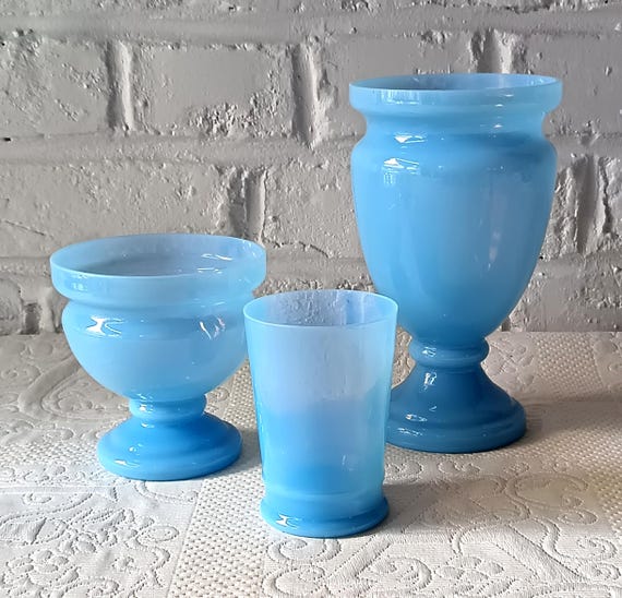 Set of 3 vintage blue opaline vases