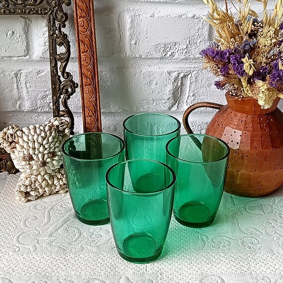 4 GLASSES 19 cl Retro emerald green tempered glass Arcoroc France