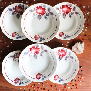 4 or 6 vintage Sarreguemines Digoin Saulieu soup plates, pink and grey floral decor