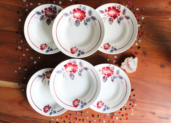 4 or 6 vintage Sarreguemines Digoin Saulieu soup PLATES, gray pink floral decor