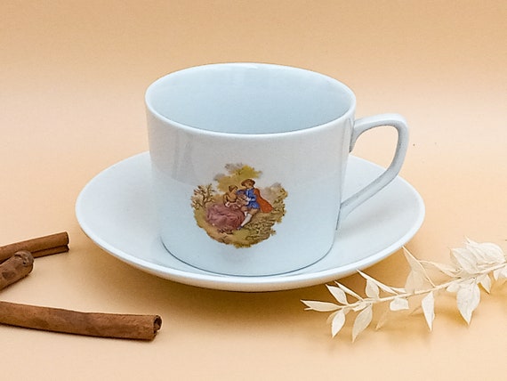 Large CUP in Monopoli porcelain with romantic scene decor, made in Italy, vintage 70s
