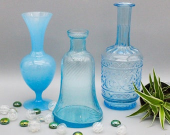 Trio de VASES en Verre vintage bleu turquoise