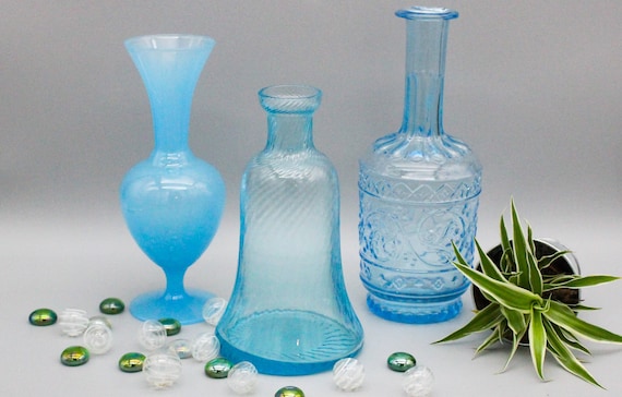 Trio of vintage turquoise blue glass VASES