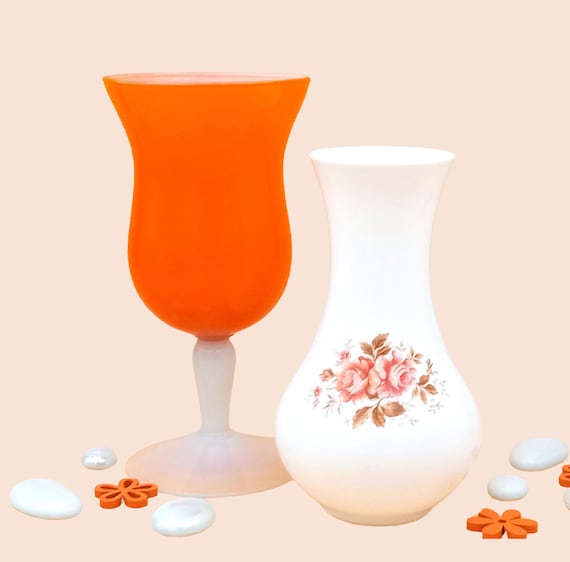 Pair of vintage orange and white opaline vases, milk glass bowl