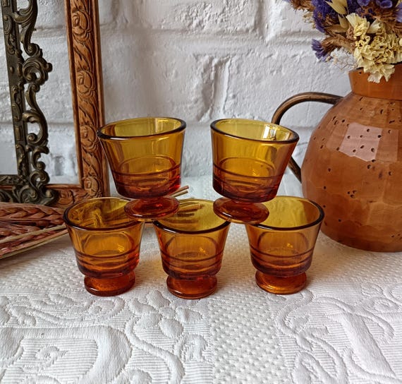5 Duralex amber stemmed glasses, vintage French shooter glasses