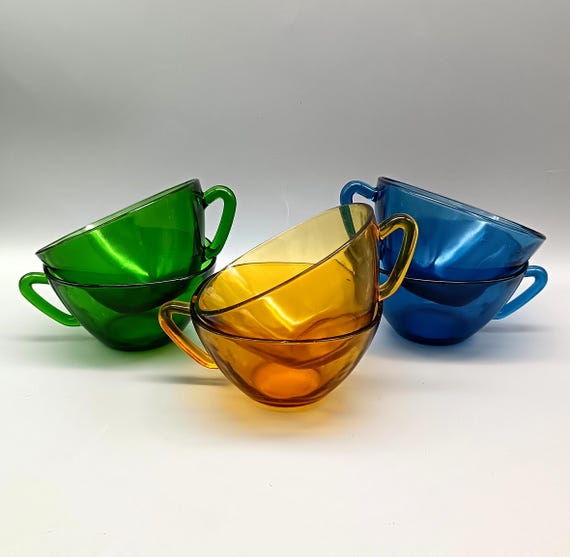 6 VERECO glass cups, blue green amber color, France vintage