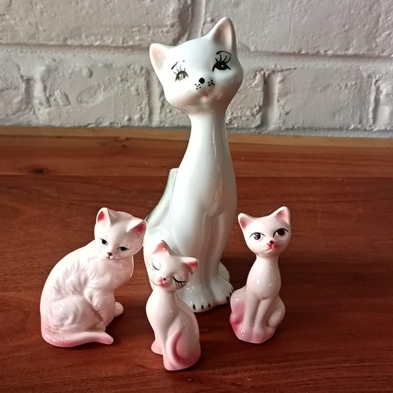 Pair of iridescent pink porcelain CATS, circa 60, zoomorphic, figurine, statuette