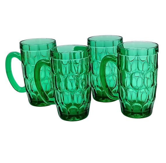 4 vintage beer mugs in thick emerald green honeycomb glass