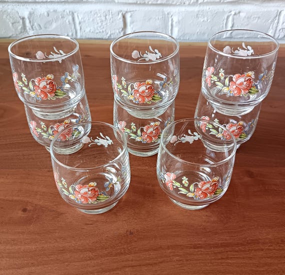 8 Luminarc France water glasses, Ronsard decor, 1980s vintage tempered glass