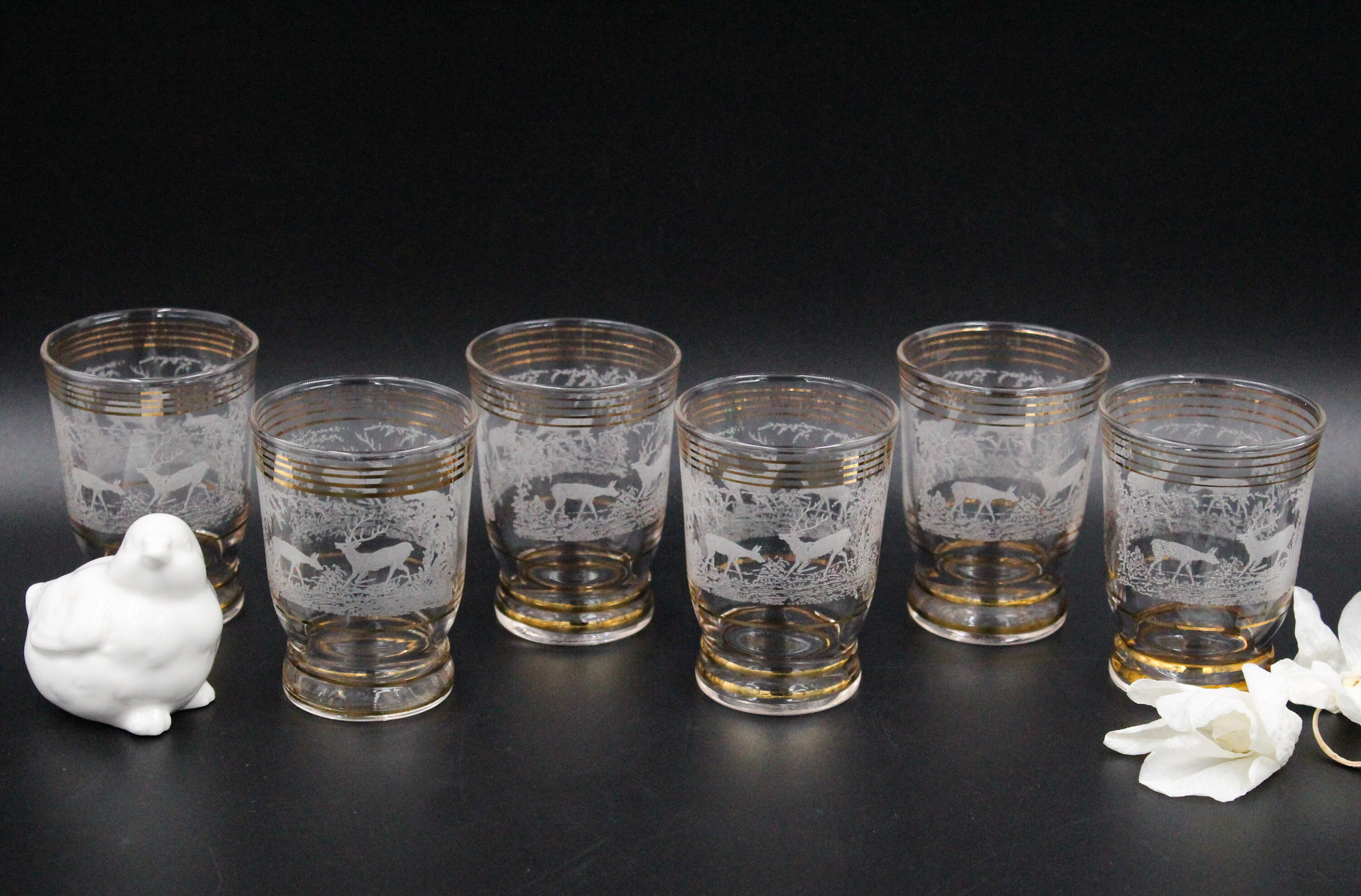 6 Jolis Verres Liqueur Vintage Années 50, Motif Cervidés Cerf