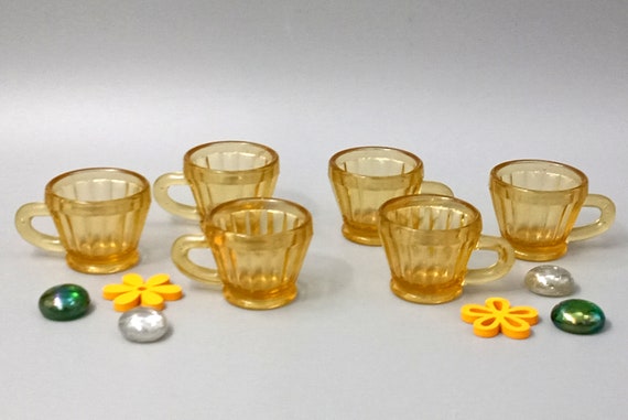 6 small vintage yellow liqueur GLASSES in the shape of mini mugs