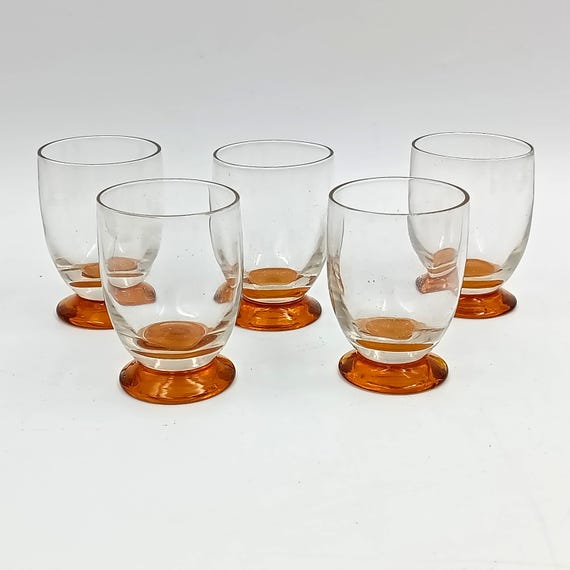 5 vintage French liqueur glasses, clear with amber stems, from France