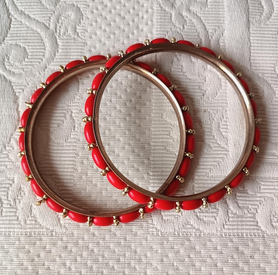 2 vintage red beaded bangle bracelets
