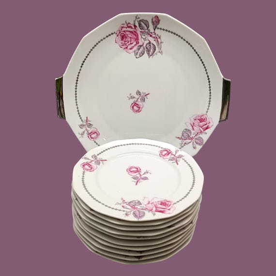 DISH and 10 porcelain dessert PLATES, flower pattern, pink and silver, Masset & Surget Berry France