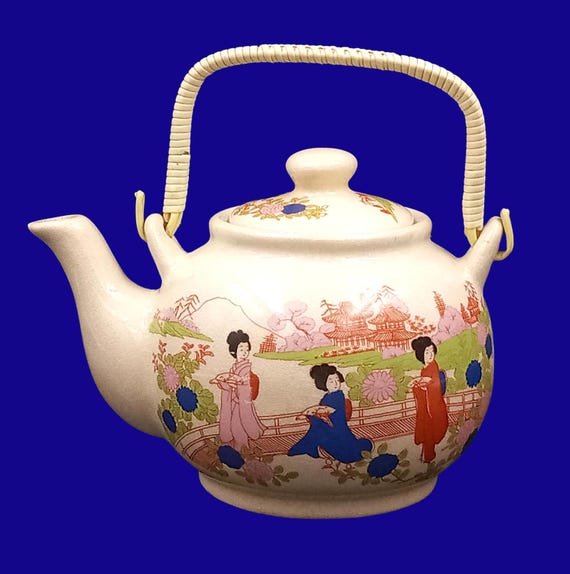 Asian style TEAPOT with geisha temple landscape pattern, vintage stoneware