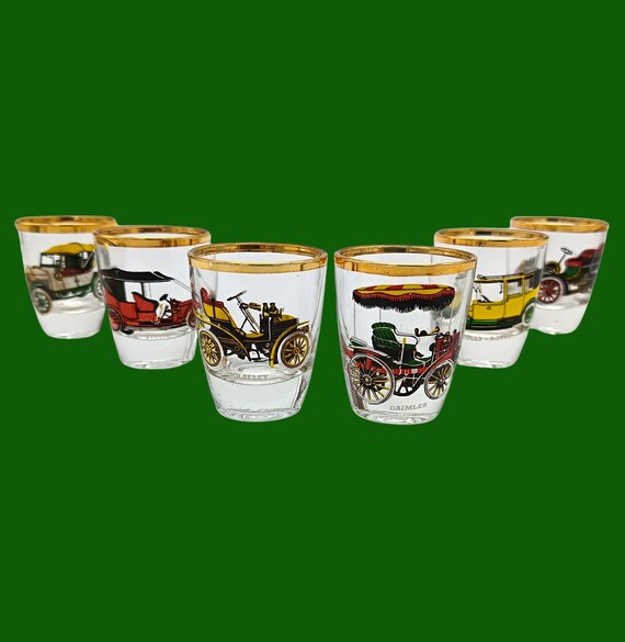 6 Vintage car motif shot glasses, 1960s, made in Germany