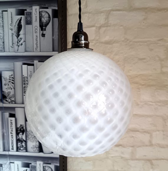 Vintage opaline glass ball pendant light, geometric patterns