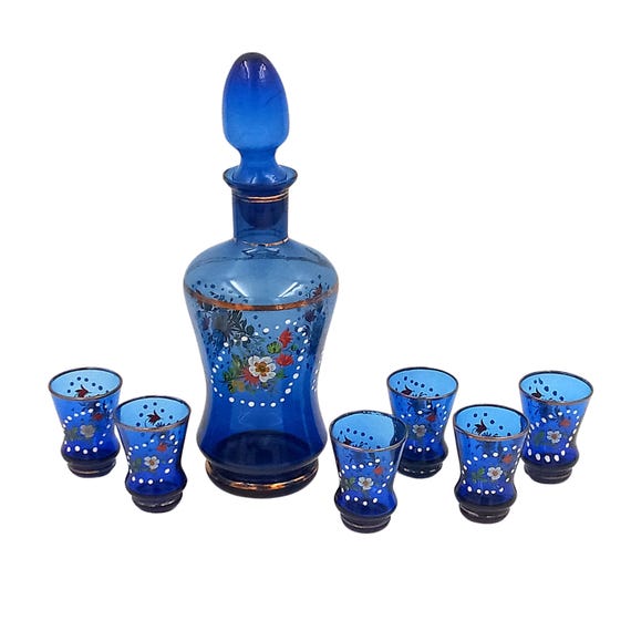 Antique Blown Glass Liqueur Set, cobalt blue carafe with vintage flower pattern