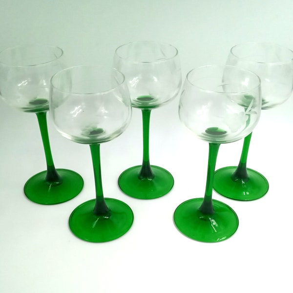 5 VERRES Alsace France Vert 1970, verre pied Vin Blanc d'Alsace