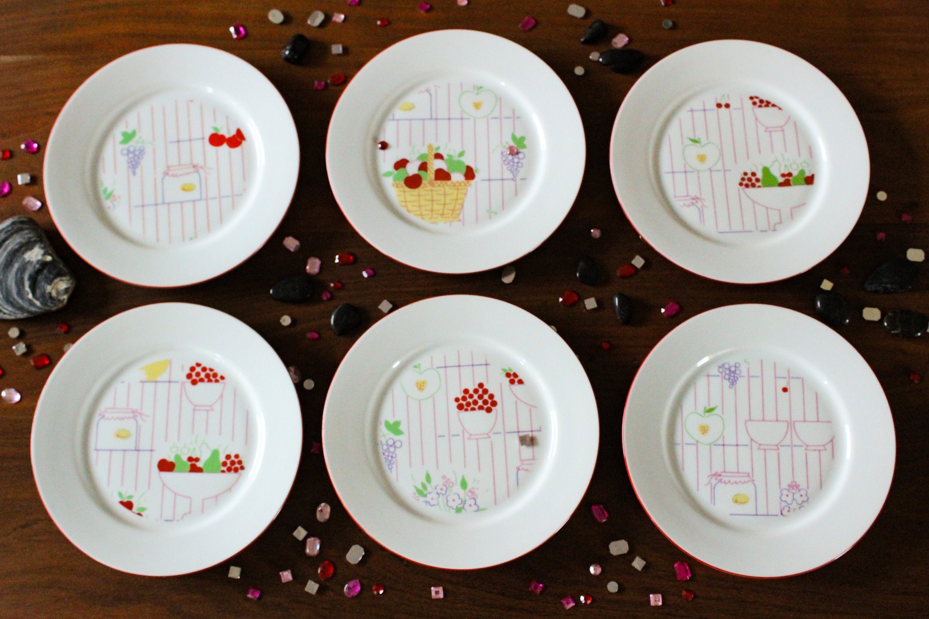 Assiettes Dessert Porcelaine Blanche Rouge, Vaisselle Vintage Céramique