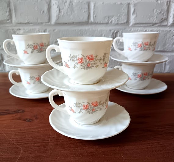 6 vintage Arcopal France tea cups, ROMANTIC pattern