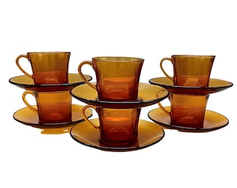 6 Duralex-Tassen mit Untertassen, bernsteinfarben, Vintage Frankreich