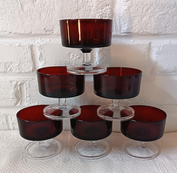 6 RUBY RED FOOTED CUPS, Cavalier Luminarc France, vintage 70s