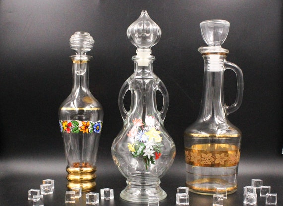 Pretty carafe with a floral bouquet motif, antique bottle with handle, vintage multicolored
