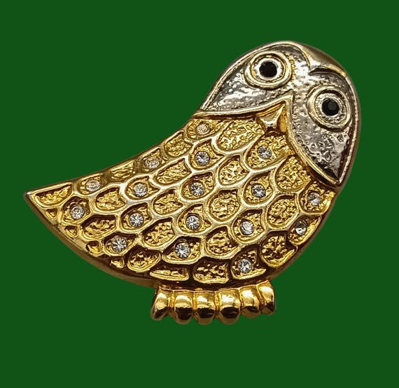 Vintage OWL BROOCH gold metal rhinestones