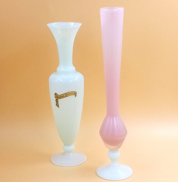 Pair of vintage milk glass vases, 1960-70, retro chic, translucent opaline pink white molded glass