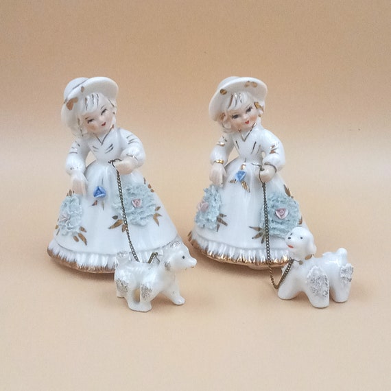FIGURINE of woman walking her dog on a leash, Vintage, Japan 1950