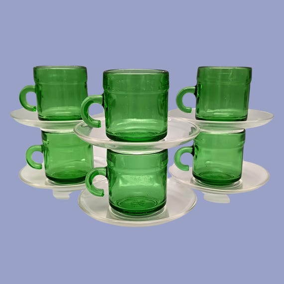 6 small vintage green glass coffee cups