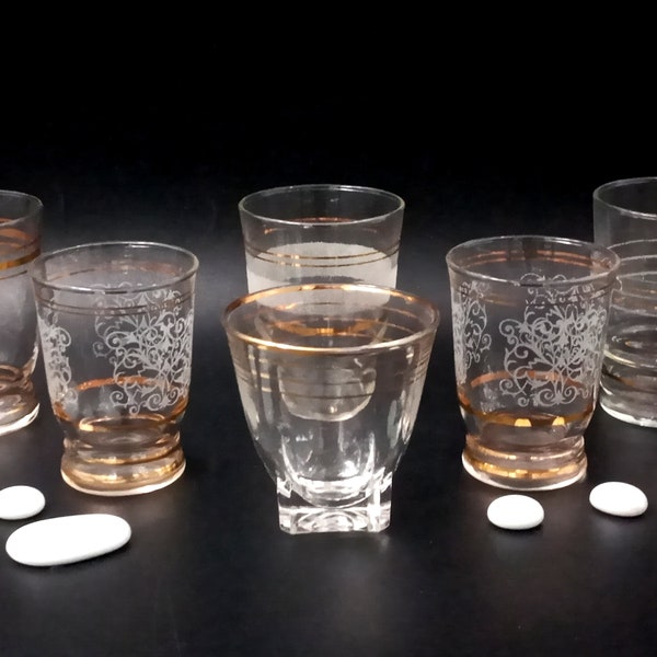 6 assorted GLASSES 1950 vintage golden white France