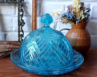 PLAT en verre turquoise avec cloche, plat vintage verre