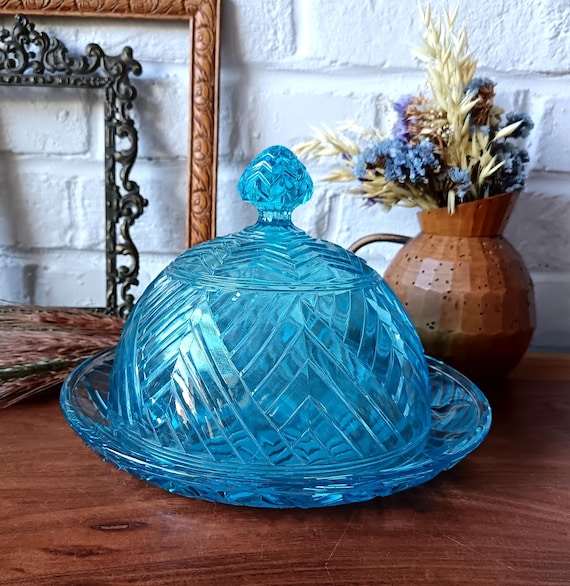 Turquoise glass dish with cloche, vintage glass dish