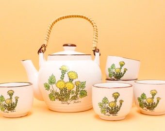 SERVICE à THE asiatique en céramique et rotin motif floral jaune 1980