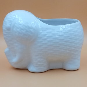 Vintage white elephant pot holder, zoomorphic plant holder, ceramic, France