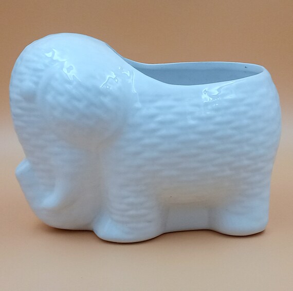 Vintage white elephant pot holder, zoomorphic plant holder, ceramic, France