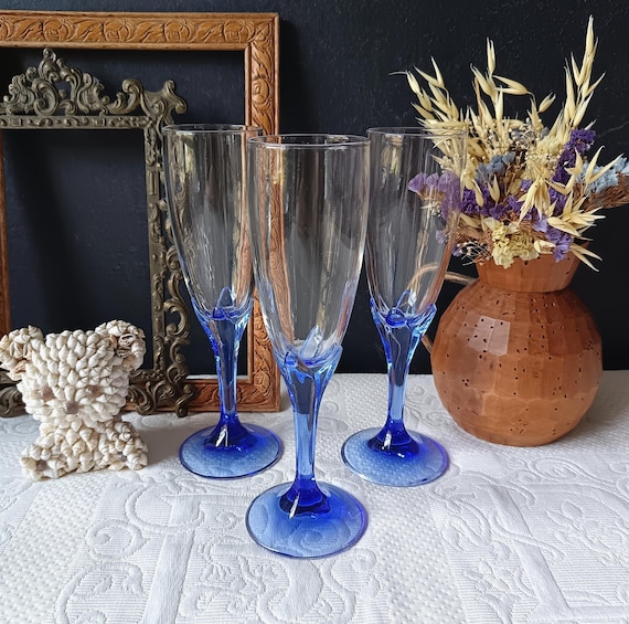 3 vintage Bormioli Champagne Flutes, Blue Bouquet, Vintage Italy